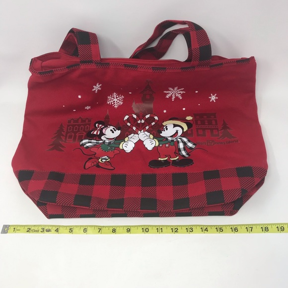 Disney Parks Mickey Minnie Mouse Holiday Christmas Large Tote Bag Plaid Red - Picture 2 of 9